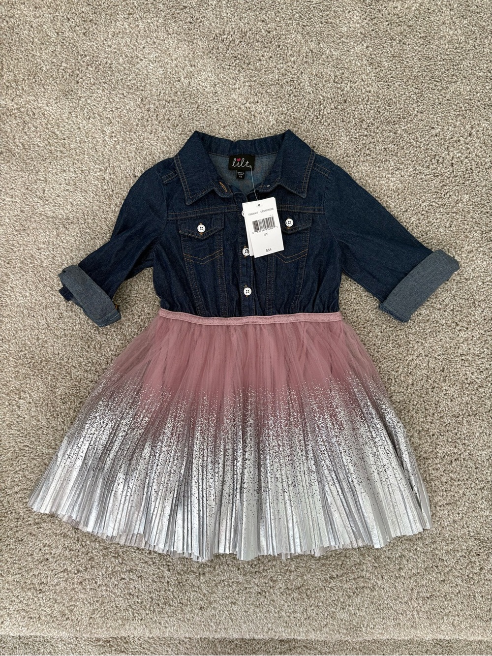 Toddler Lilt Denim Top with Pink to Silver Ombre Tulle Skirt Dress Size 4T